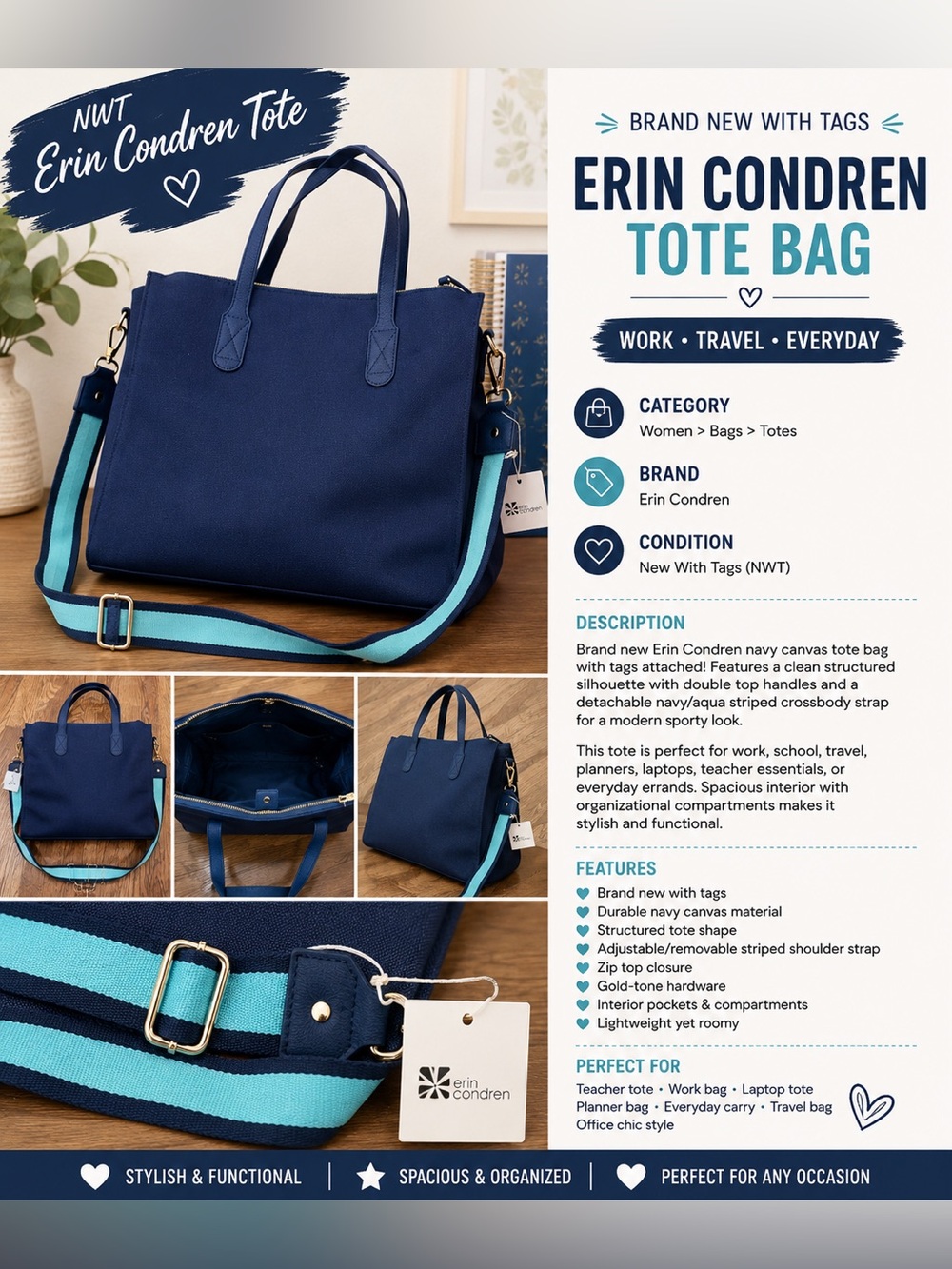 Erin Condren Navy Canvas Tote Bag NWT Aqua Stripe Strap Laptop Work Travel Tote